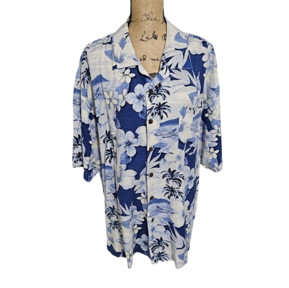 Bermuda Bay Blue‎ and White Hawaiian Floral Tropical 100% Silk Mens Shirt Sz XXL